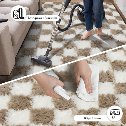 Checkered Rug for Bedroom, 2x4 Beige and White Area Rugs, Classic Checkered Carpets Shag Area Rug, Bedside Rugs for Living Room Bedroom Room Home Decor