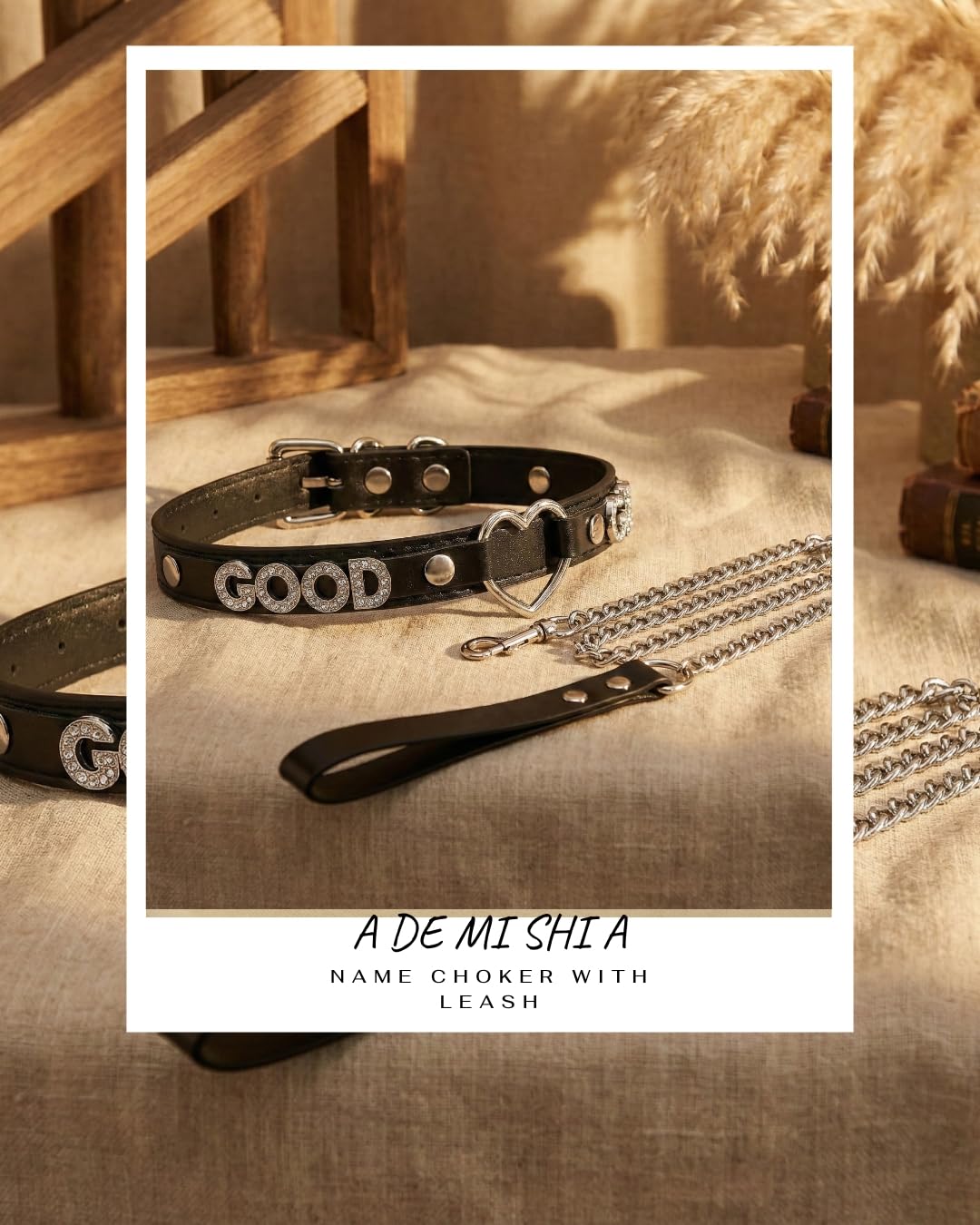 ADEMISHIA Black Heart O-ring Leather Collar and Leash Set, Adjustable Gothic Choker Necklace with Rhinestones Letters 38 Inches Durable Aluminum Chain Leash