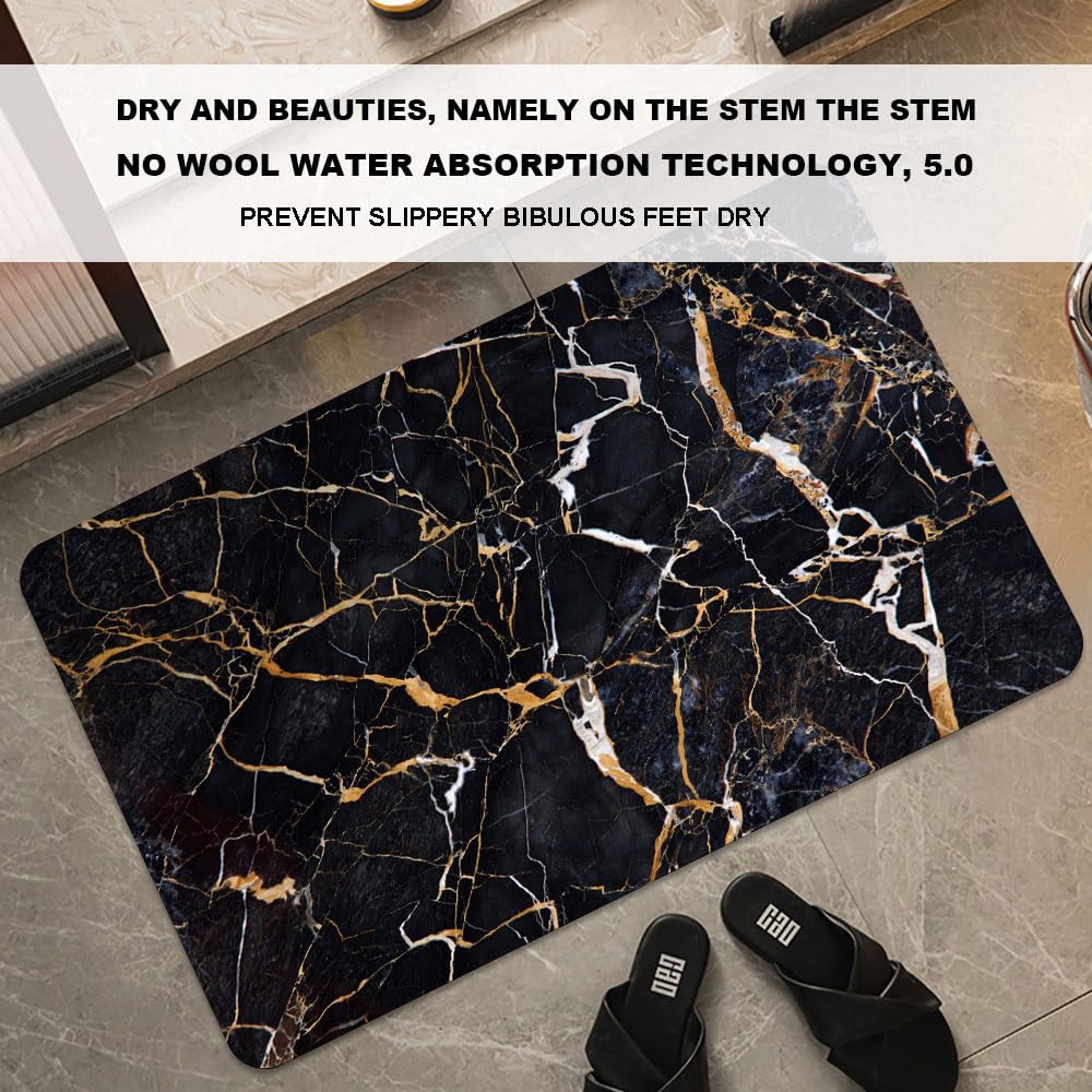 Bath Mat Rug,Black marble with yellow and white Non Slip Quick Dry Super Absorbent Thin Bathroom Rugs Fit Under Door-Easy to clean Bathroom Floor Mats-Shower Rug for Shower Sink Bathtub(16" x 24"In)