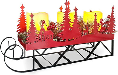 Christmas Sleigh Table Centerpieces Decorations, Xmas Red Cut-Out Tree Sleigh LED Candle Candelabrum with Timer Holiday Candle Holder for Home Party Table Mantel Decoration