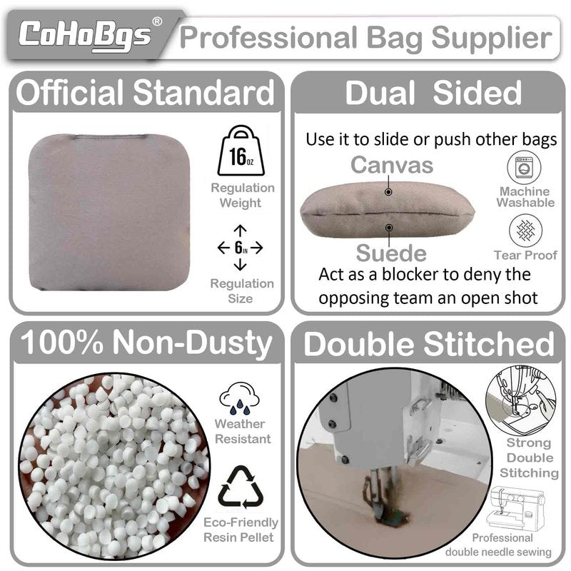 CoHoBgs Corn Hole Bags Set 8, Professional Cornhole Bags Dual-Sided Slick & Stick Resin Filled Suede and Duck Canvas Bean Bag for Cornhole Game Includes Carry Case