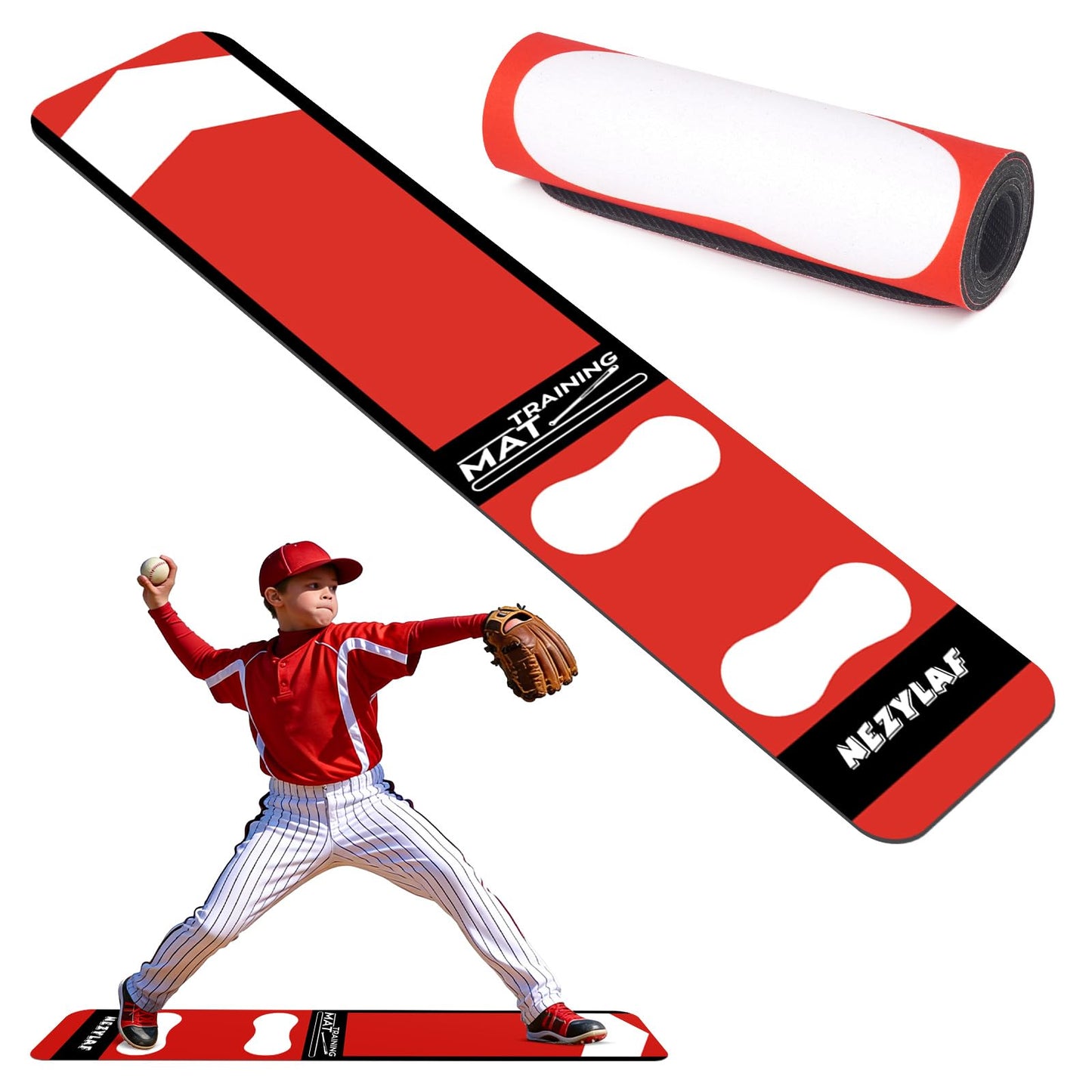 Nezylaf Softball Pitching Mat for Young Baseball Beginner - Non-Slip Portable Softball Training Mat for Hitting Practice - 54'' x 12'' Durable Batting Mat for Indoor/Outdoor Use (Lightweight)