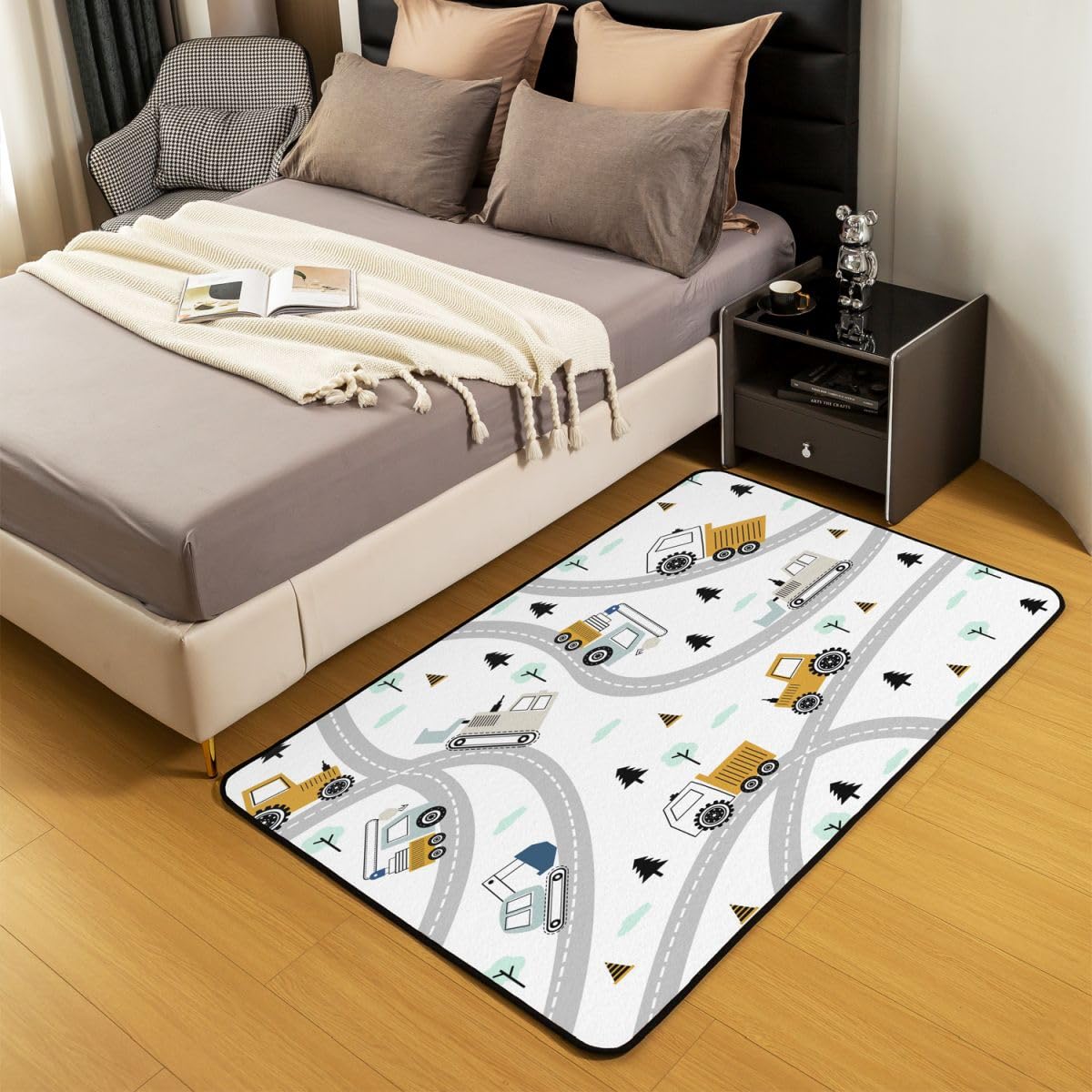 Construction Area Rug 5x7 Kids Equipment Trucks Decorative Carpet Set for Boys Teens Downtown Road Living Room Rugs Construction Vehicles Grey Yellow Indoor Floor Mat Room DecorAccent Rug