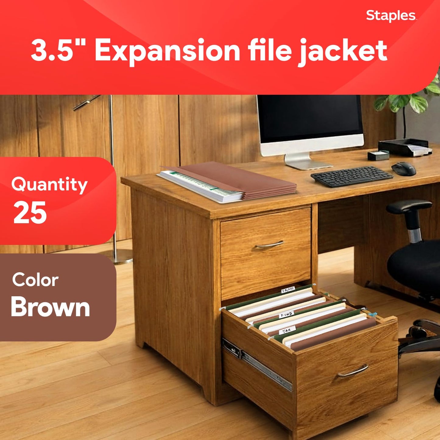 Staples Reinforced Expanding File Pockets, Legal Size, 3.5‑Inch Expansion, Heavy‑Duty Brown Accordion Folders – 25/Pack