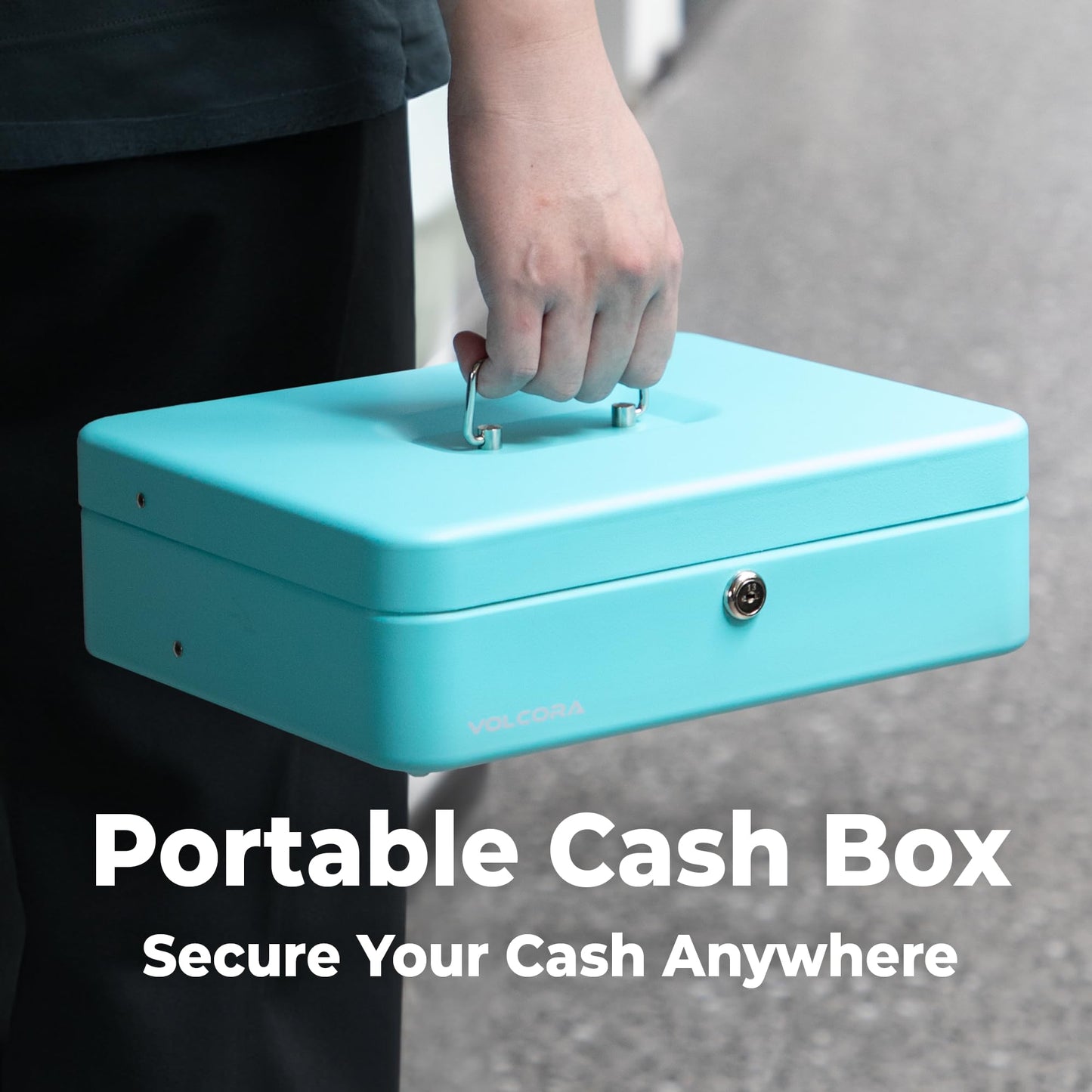 Volcora Large Cash Box with Key Lock, Metal Money Box for Cash, Portable Locking Safe Box with Money Tray, Durable Money Saving Organizer for Yard Sale, Garage Sale, Small Business, Cyan