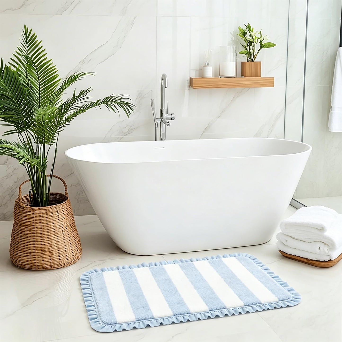 JarThenaAMCS Coastal Scalloped Striped Bath Mat with Ruffled Edges 20 x 32'' Blue White Bathroom Rug Cute Microfiber Aesthetic Bath Mat Non Slip Washable Absorbent Ocean Room Decor for Summer Gift
