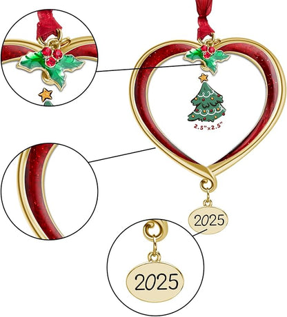 Christmas Tree Ornament Picture Frame Metal Hanging Pendant Holiday 2.5" Photo Frame Charm Decorative of Pets, Baby First Christmas, Family (2025 Red & Golden)