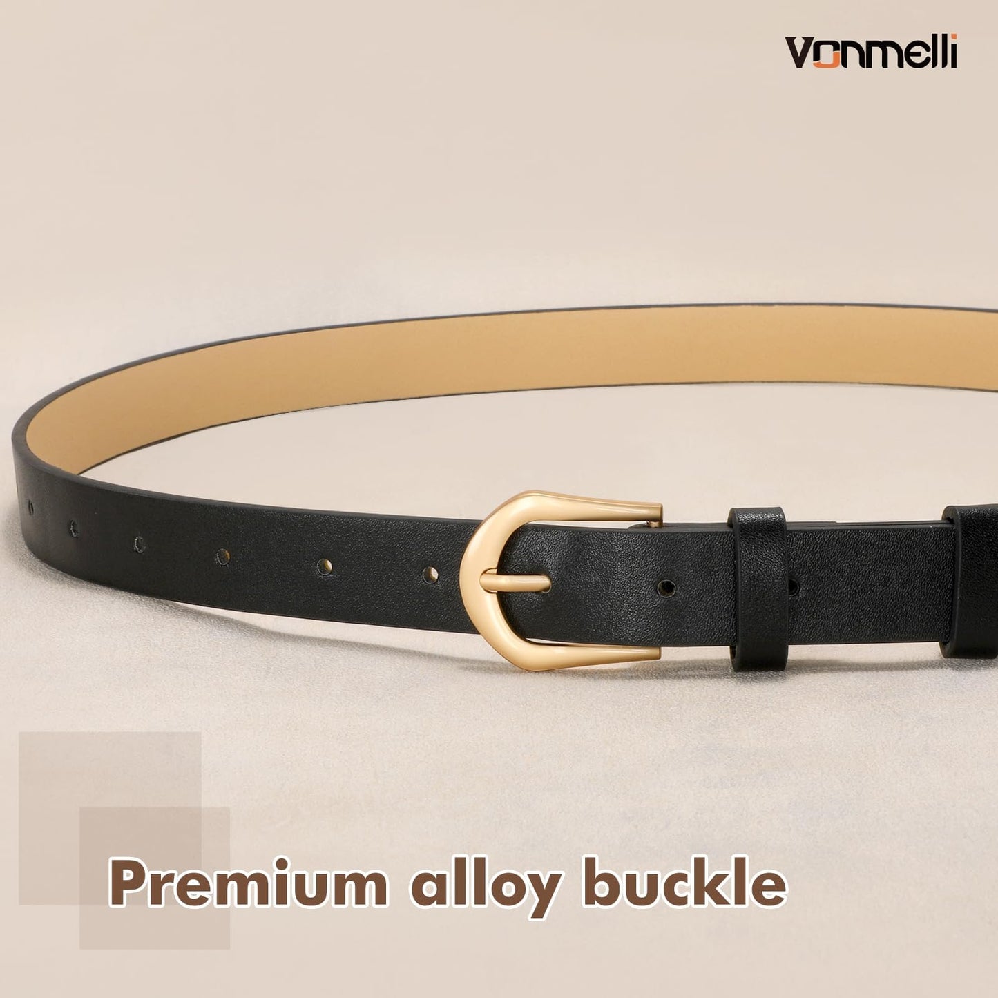 VONMELLI 4 Pack Womens Thin Leather Belt Skinny Waist Belts for Women Fashion Jeans Dress with Gold Buckle, Black Brown Navy Beige, XS