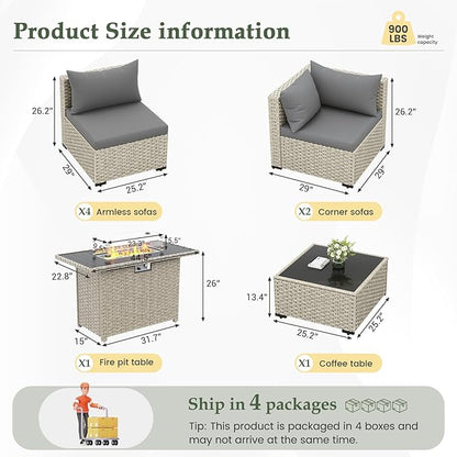 UDPATIO Patio Furniture Set with Fire Pit Table, 8 Pieces Outdoor Sectional Sofa, PE Wicker Patio Conversation Set for Garden, Backyard Grey