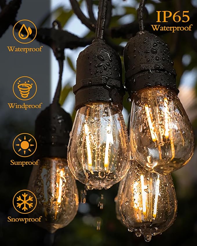 Outdoor String Lights,Super Bright LED - 2 Pack 48FT 15 S14 Bulbs(1 Spare), IP65 Waterproof, Commercial Grade & Shatterproof, Dimmable, UL Listed for Patio, Porch, Backyard, Gazebo