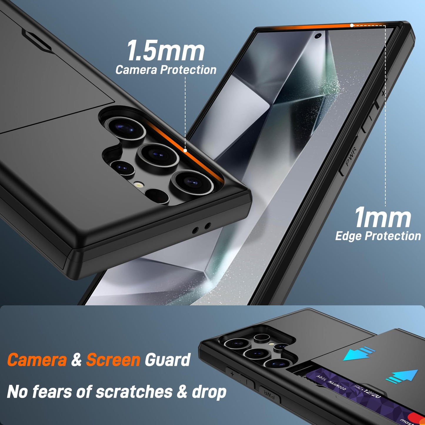 for Samsung Galaxy S24 Ultra with Card Holder, Dual-Layer Design & 2 HD Screen Protectors, Hidden Card Slot Wallet Case for Samsung S24 Ultra-Black