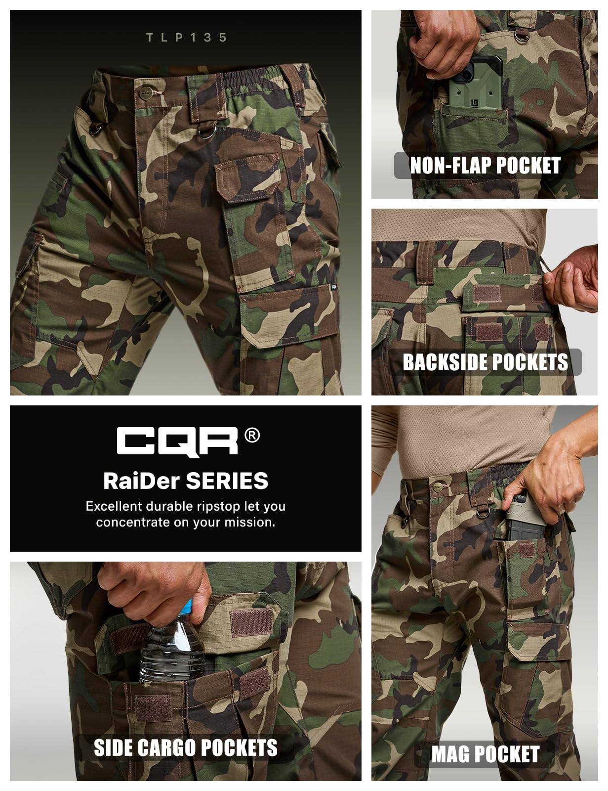 CQR Men's Tactical Pants, Water Resistant Ripstop Cargo Pants, Lightweight EDC Work Hiking Pants, Outdoor Apparel, Duratex Mag Pocket Print Woodland Camo, 40W x 32L