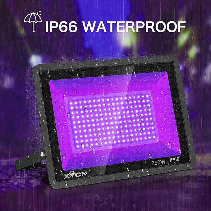 4 Pack 250W LED Flood Black Lights,395nm to 405nm UV Outdoor Flood High Power Blacklight Light with Plug in, IP66 Waterproof Large Black Light Spotlight for Glow Party Large Space, Halloween