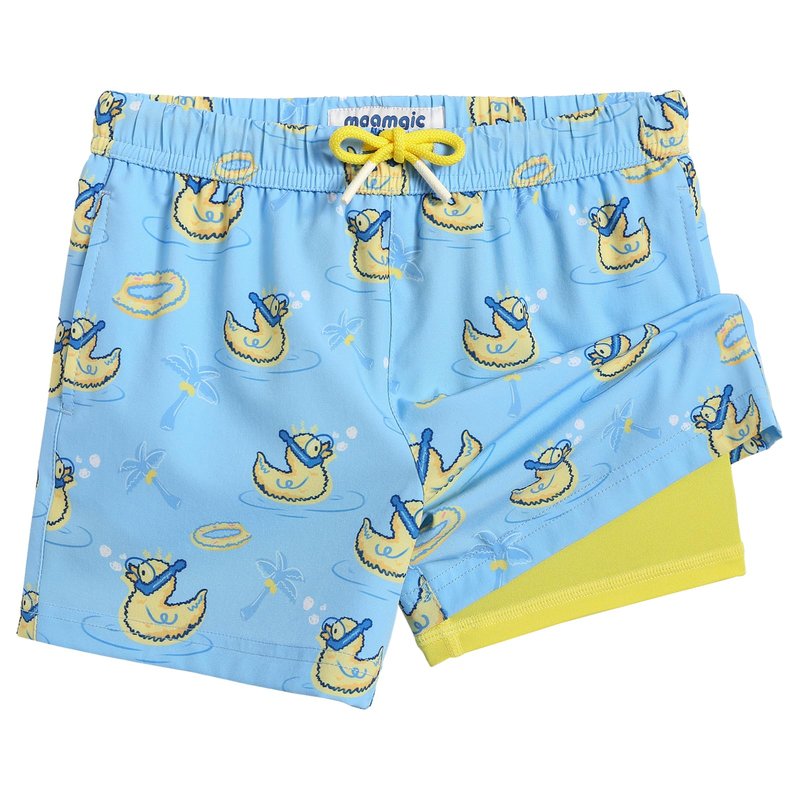 maamgic Boys Swim Trunks with Compression Liner Toddler Stretch Swim Shorts Quick Dry Swimming Trunks Boxer Brief 2 in 1 Beach Shorts Blue Rubber Ducky 5/6
