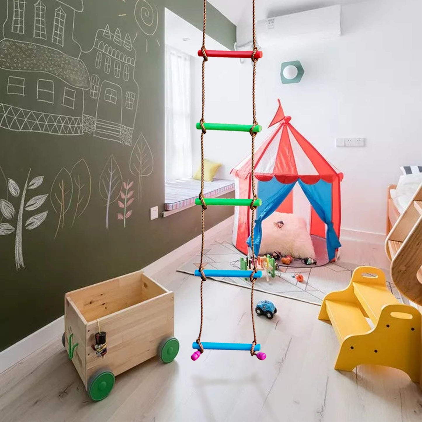 Rainbow Craft 6.6FT Climbing Rope Ninja Ladder for Kids - Kids Ninja Warrior Obstacle Course Accessories - Swing Rope Ladder