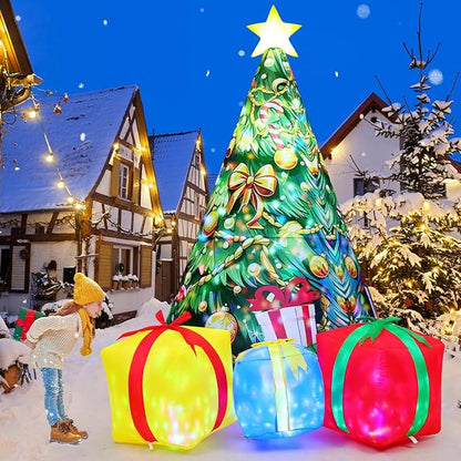 GOOSH 11.8 FT Christmas Inflatables Tree Outdoor Decorations Blow Up Christmas Tree Gift Box Yard with Colorful Light for Holiday Party Indoor Garden Lawn Decor (Yellow)
