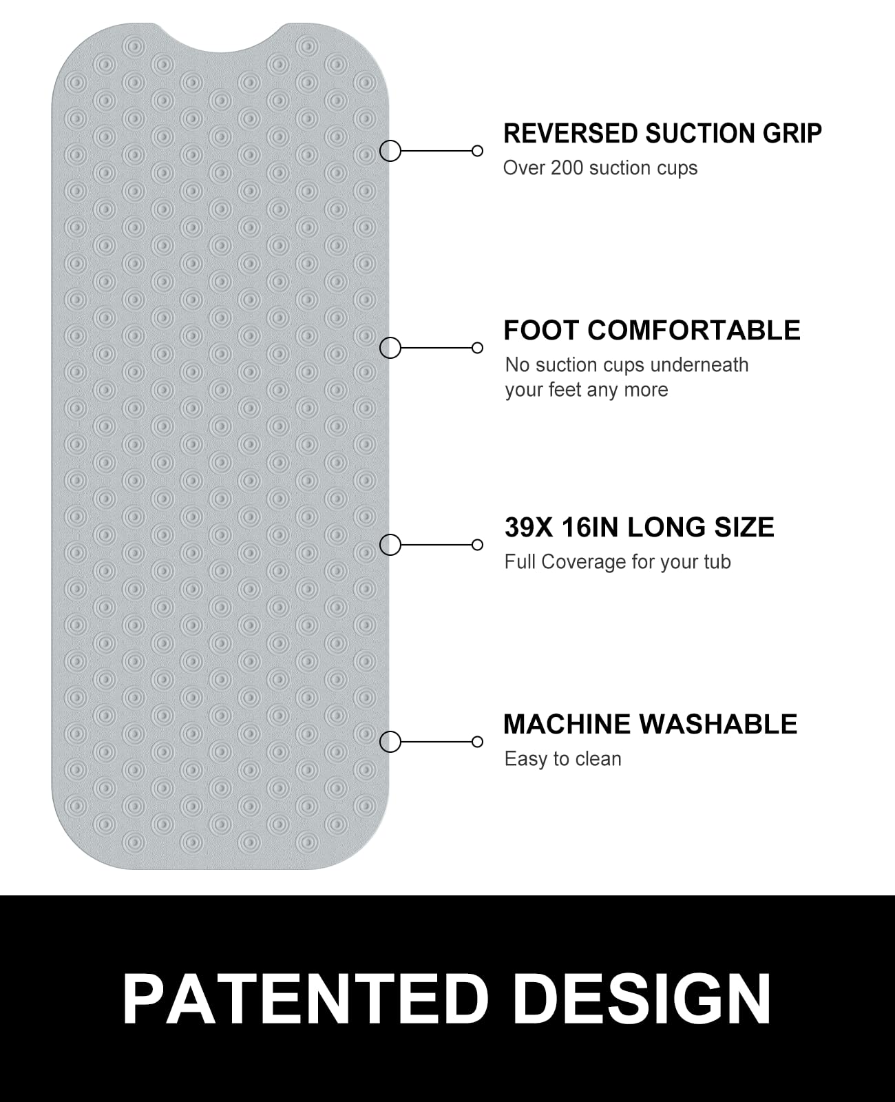 OTHWAY No Suction Cup Bath Mat: 39x16 inch Extra Long Bathmat│Perfect for Ordinary or Refinished Bath Tubs │Made of Nature Rubber│Protect Your Bathtub (Grey)