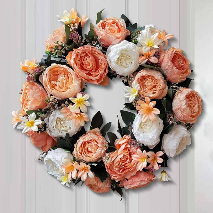 WANNA-CUL 20 Inch Spring Fall Wreaths for Front Door Decor,Summer Front Door Wreath with White and Champagne Gold Rose Flower for Wedding or Indoor&Outdoor Home Decor