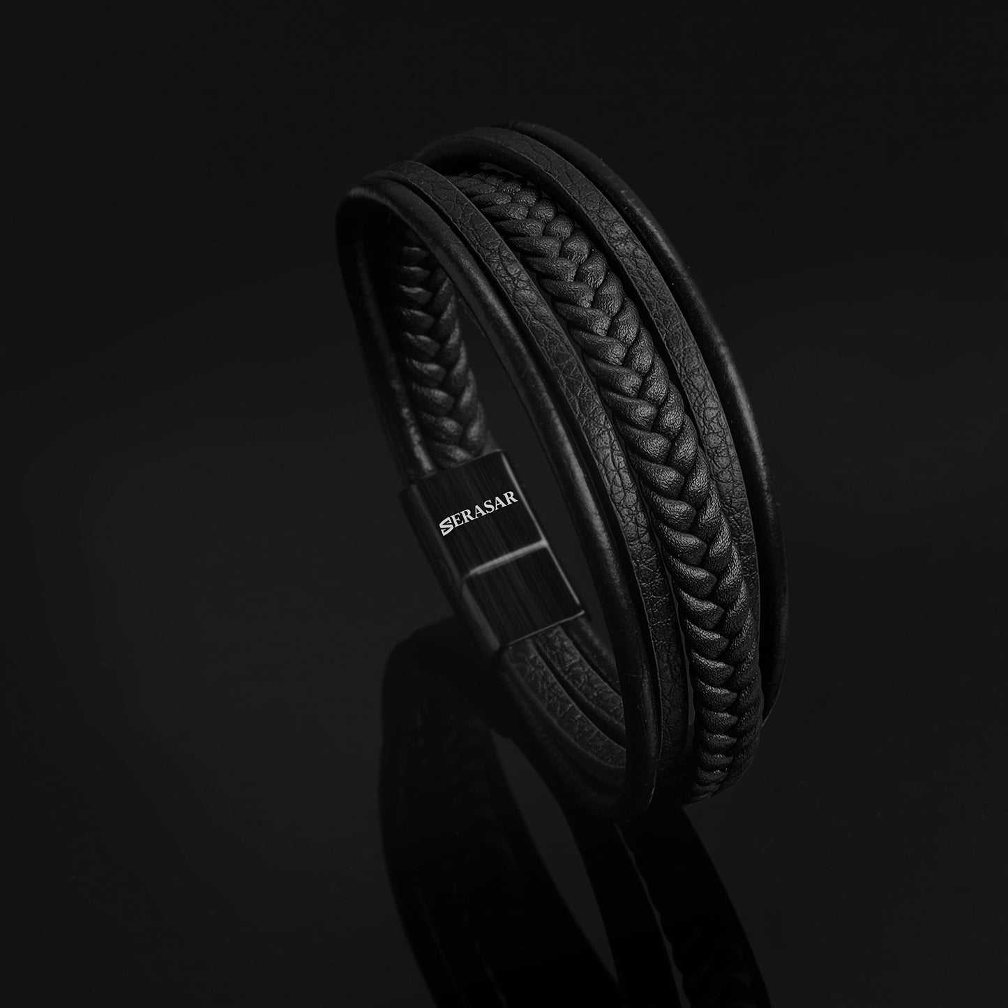 SERASAR Mens Bracelet - Black Bracelet Leather Cowhide Gift-Box Braided Stainless Steel Jewelry Wrist-Band Cuff Wrap Rope Bangle Dad Man Pulseras para Hombres Cuero Regalo