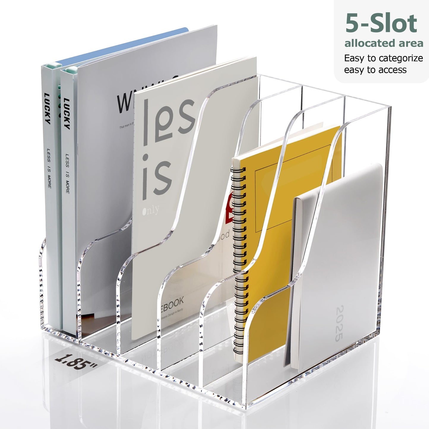 SANRUI Acrylic Desk Organizers, Clear Magazine File Holder, 5 Vertical Compartments A4 Folder Binder Holders Sorter, Office Desktop Workspace Organization Storage Rack for Office Home School