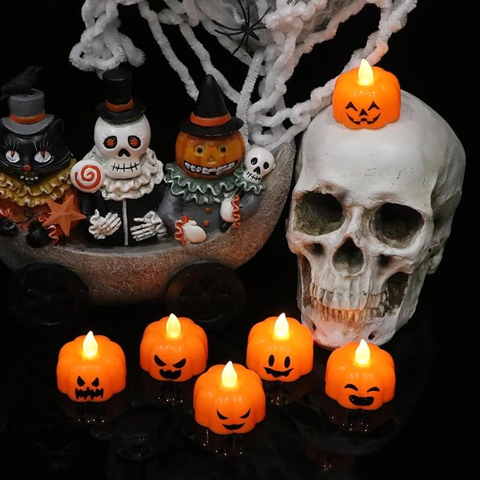 Halloween Flameless Candles with 6H Timer, Pumpkin Tea Lights with Ghost Face Flickering, LED Candles Battery Operated Fall Decor 6 Pack Φ 1.9" H 1.6" for Halloween Decorations