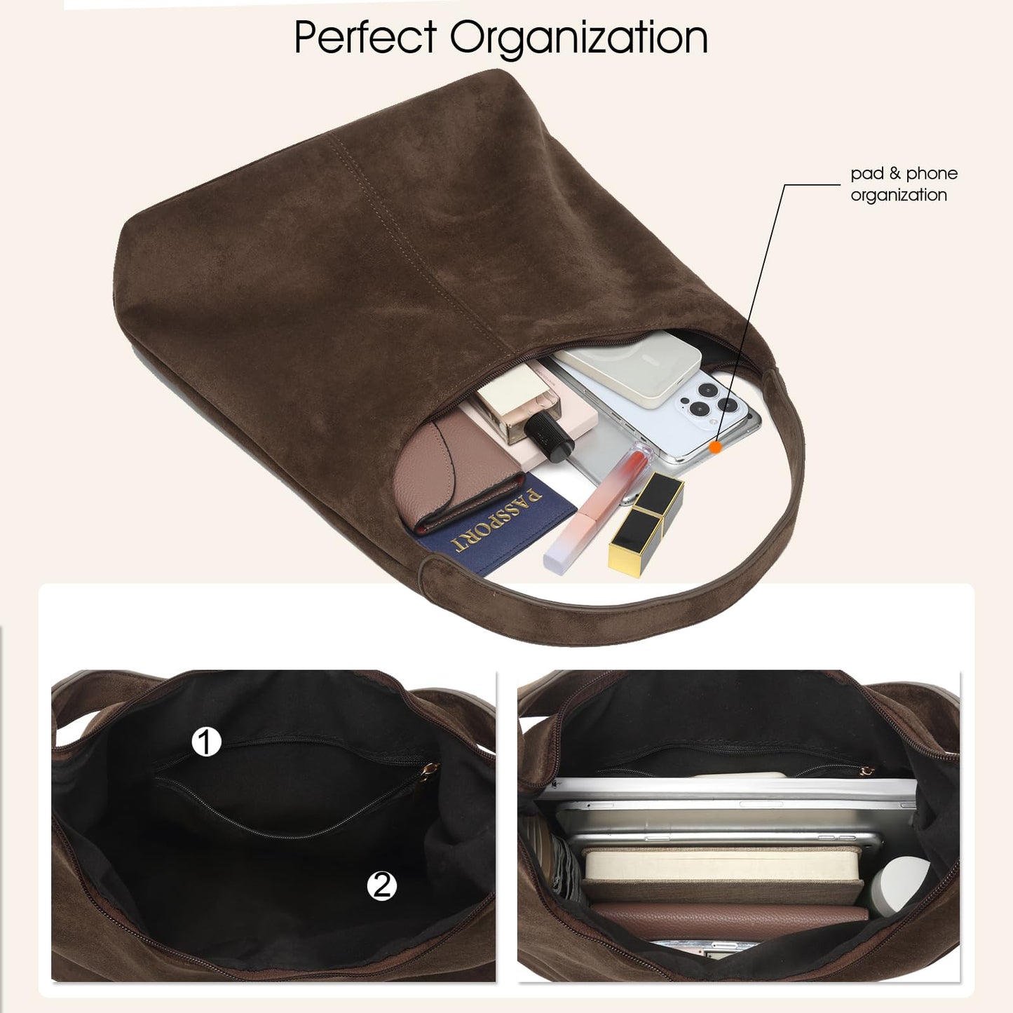Slouchy Suede Hobo bag for Women Casual Shoulder Bag Soft Cresent Tote Purse Handbag Work Travel