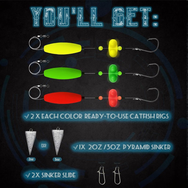 Narcissus Catfish Rigs Set – 6 Pre-Tied Rigs with 2 Sinker Sliders & 2oz Pyramid Sinker, Float Rigs Tackle, Santee Rig, Circle Hooks 6/0 – Complete & Ready-to-Use Kit (Hook Size 6/0-6pcs)