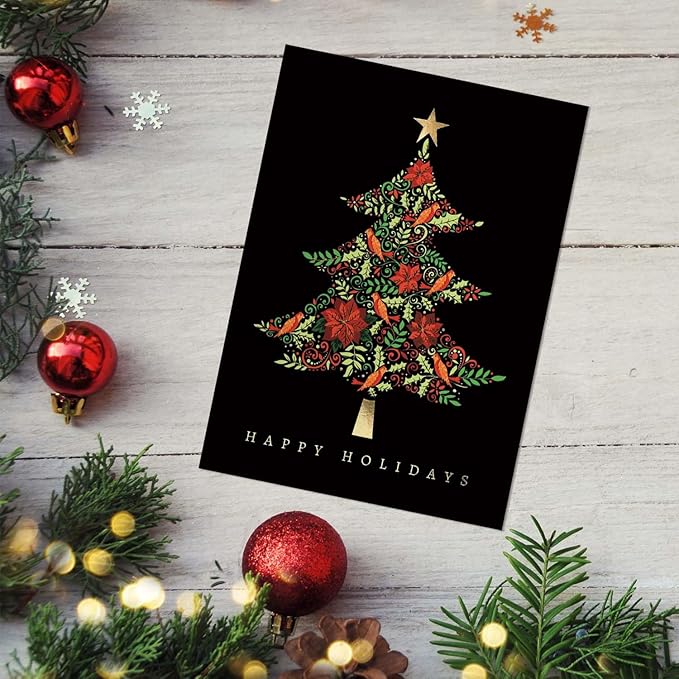 Masterpiece Tapestry Christmas Tree Cards / 16 Winter Holiday Cards Set With Gold Foil Accents And Coordinating Gold Foil Lined White Envelopes / 5 5/8" x 7 7/8" Folded Greeting Cards With Inside Verse