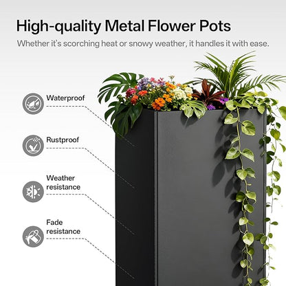 Metal Planter Box 14" x 14"x 30",Heavy-duty Galvanized Steel Outdoor Planter with Removable Built-in shelf and Drainage Holes,Rectangular Planter for Porches, Gardens, Patios, and Courtyards，Black
