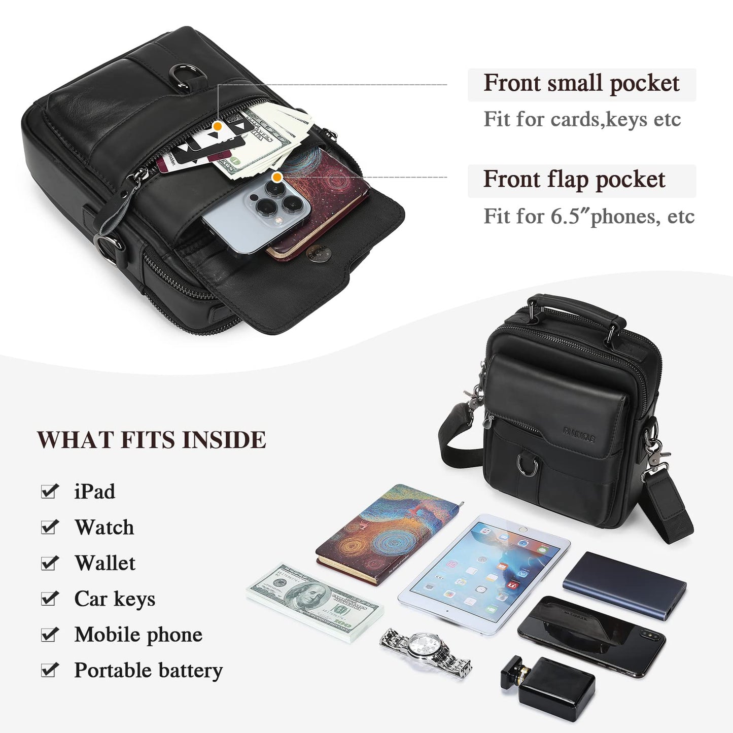 BAIGIO Men's Leather Shoulder Bag - Messenger Briefcase Crossbody Satchel Handbag for Men - Black