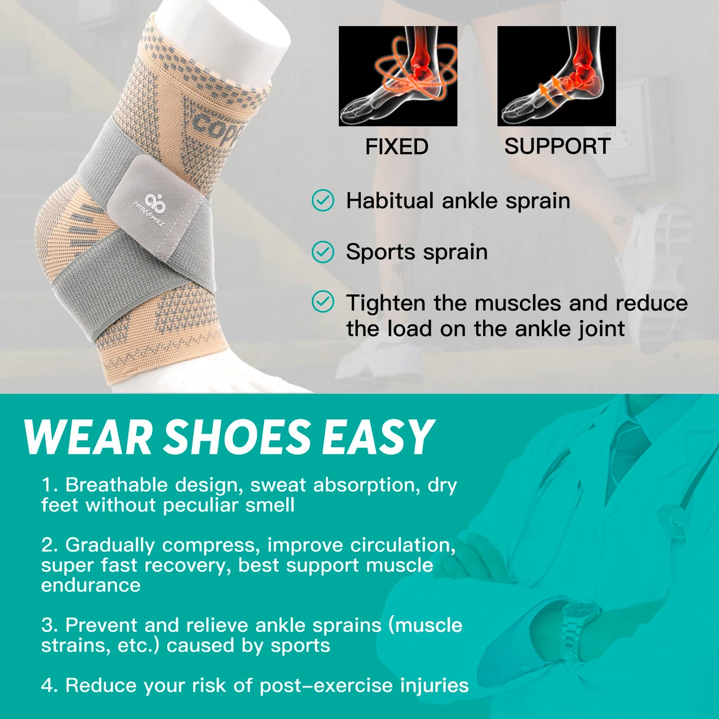 INDEEMAX Ankle Brace for Women & Men, Ankle Compression Sleeve Support Copper Infused Ankle Brace for Sprained Ankle, Plantar Fasciitis Sports, Achilles Tendonitis Pain Relief, Skin Silver, S