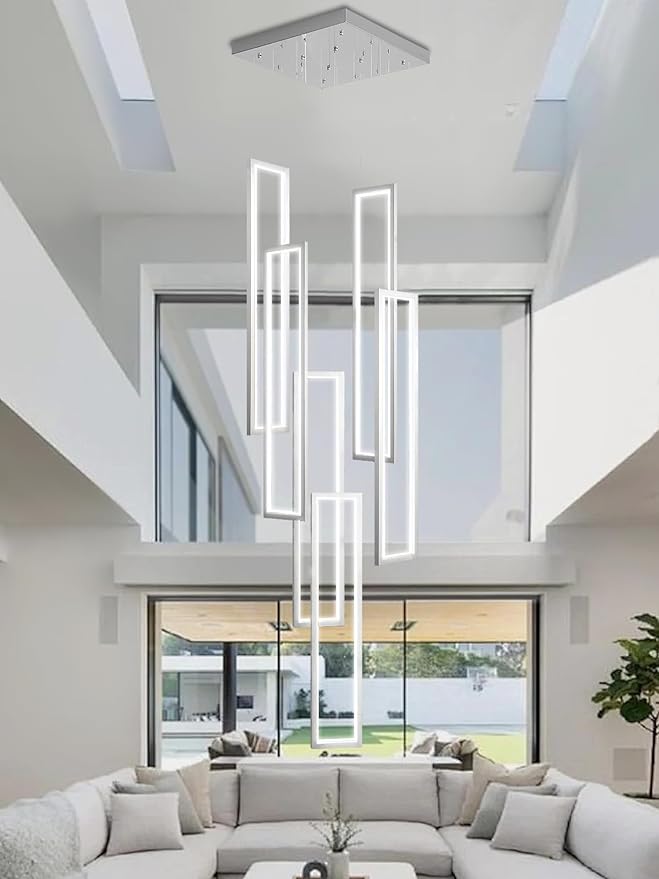 Flashing God Modern Chandelier,Silver Chandelier with 6 Ring Led Foyer Chandeliers,Larger High Ceiling Chandelier for Living Room,Square Chandelier for Entryway Staircase LED Dimming 2700k-6001k