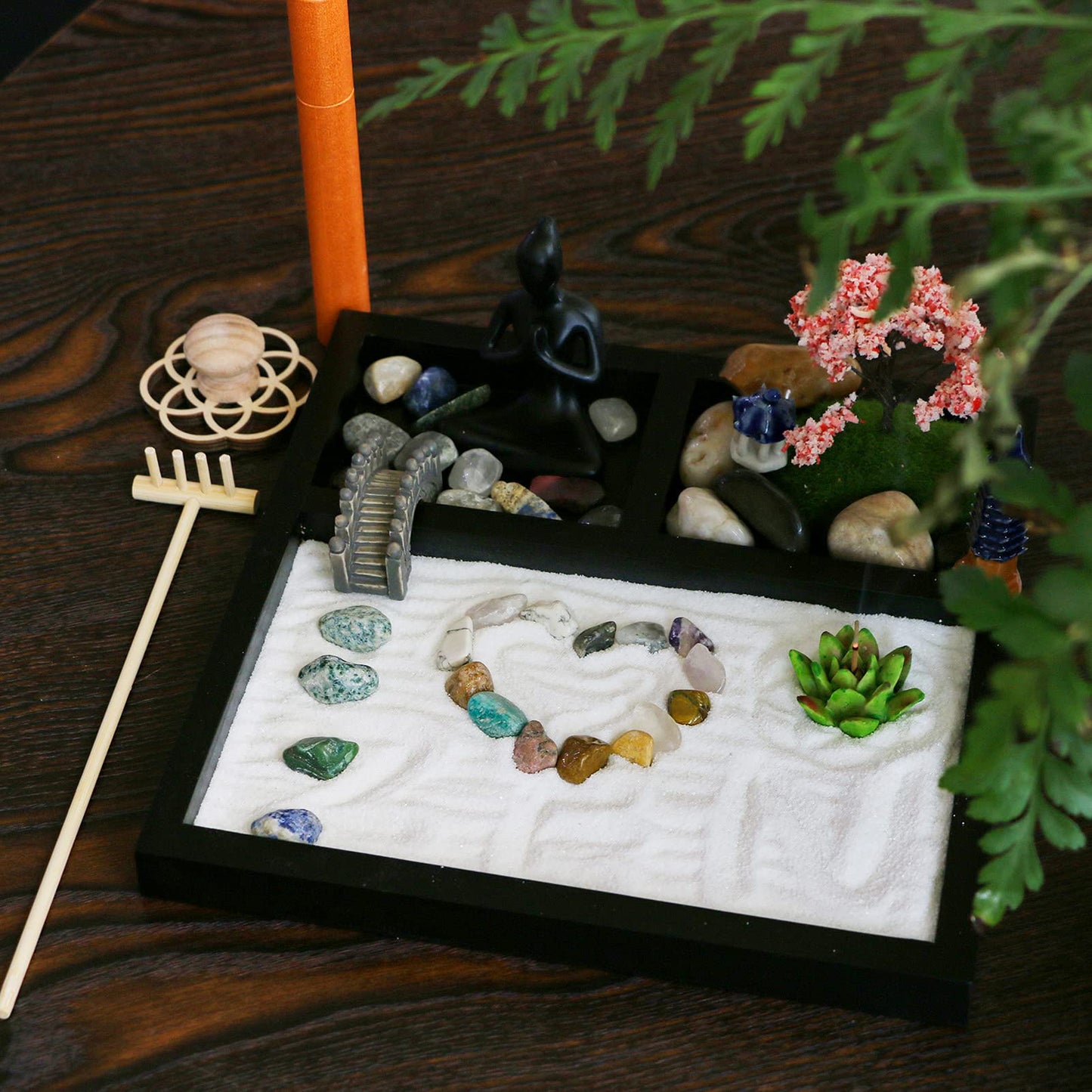 BangBangDa Desktop Meditation Yoga Zen Garden Kit Japanese Tabletop Rock Sand Chakra Shrine Altar Japanese Zen Decor Home Office Desk Zen Gifts for Women Man Birthday w/Rake Tool Accessories Bonsai