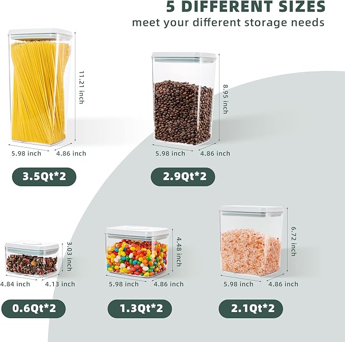 Airtight Food Storage Containers with Lids 10 PCS Pop Containers for Kitchen Pantry Organization BPA-Free Stackable Clear Pantry Storage Set with Measuring Scales for Cereal Flour Sugar Pasta Snacks