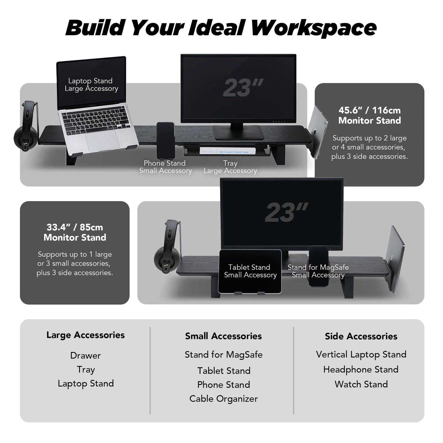 ULTRARM Moodular Wooden Monitor Stand 45.6” (116cm) Large Desk Organizer with Metal Slide Rails for Drawer, Tray, Laptop, Tablet, Phone & Headphones Customizable Riser for Organized Workspace Oak
