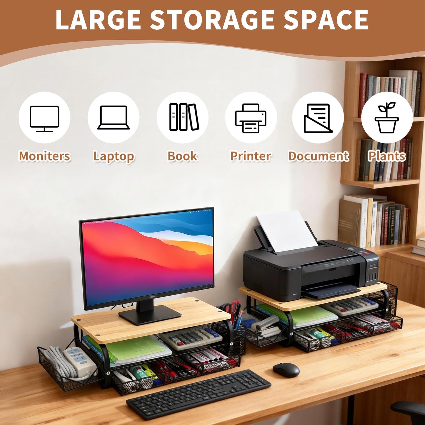 Bingyouth Desk Organizers and Accessories Monitor Riser, Monitor Stand with Drawer (2-Tier Drawers) with Large Side Storage Rack & Cable Management,66LBS/30KG, Office Organization, Oak