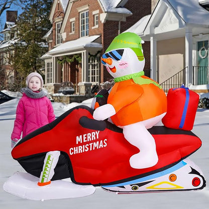 7FT Christmas Inflatable Snowman Motorcycle Decoration, Multi-color, LED Light, Weather Resistant