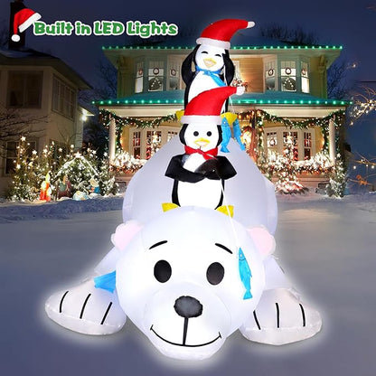 6FT Christmas Inflatable Polar Bear with Penguins Outdoor Decorations, Blow up 2 Penguins Fishing on Big Polar Bear with Bright LED Lights for Xmas Decor Outside Indoor Yard Garden Lawn Holiday Party