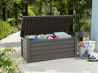 Keter Westwood 150 Gallon Resin Large Outdoor Storage Box for Patio Furniture, Outdoor Cushions, Garden Tools and Pool Floats, Taupe