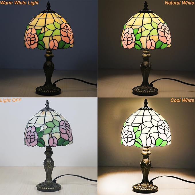 Small Tiffany Table Lamp,3 Color Temperature Pink Rose Stained Glass Table Lamps for Living Room, Dining Room,Bedroom Bedside Nightstand Night Light,W/LED Bulb,8X8X15Inch