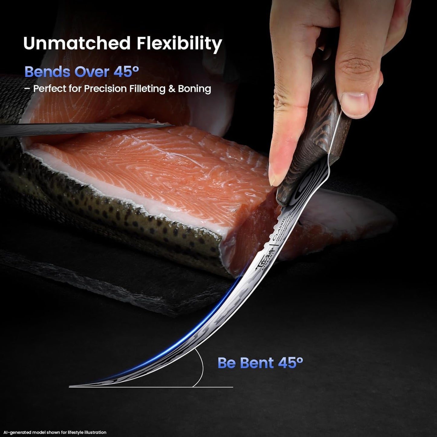 SYOKAMI Fillet Knife, Razor Sharp 7.2 Inch Boning Knife, High Carbon Stainless Steel Filet Knives with High Flexibility, Wooden Handle, Full Tang Damascus Pattern Fishing Knives, Ideal Gift