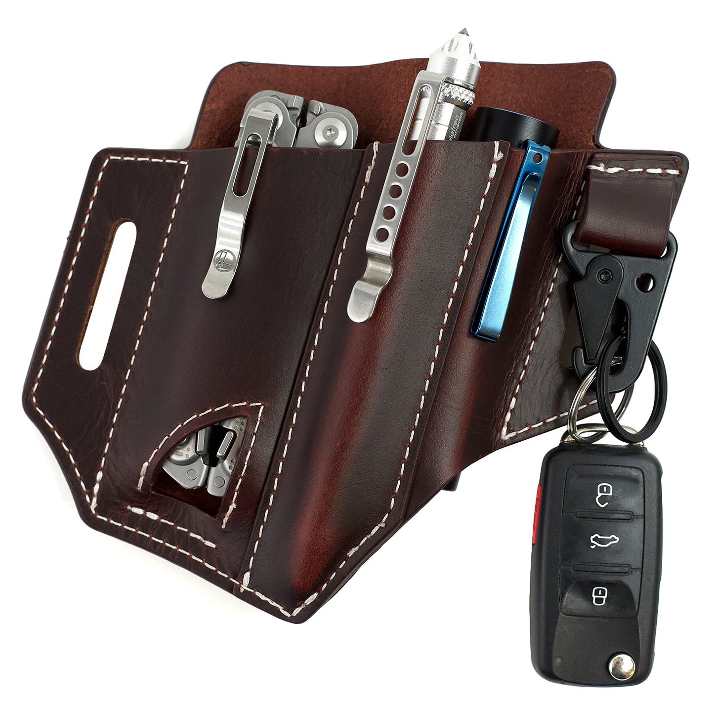 Multitool Sheath for Belt (Premium Leather) - EDC Pocket Organizer | Leatherman Holster | Handmade Leather Multitool Pouch and Pen Holder, Flashlight Sheath, Key Fob Clip by ATQANA® (Extra Dark Brown)