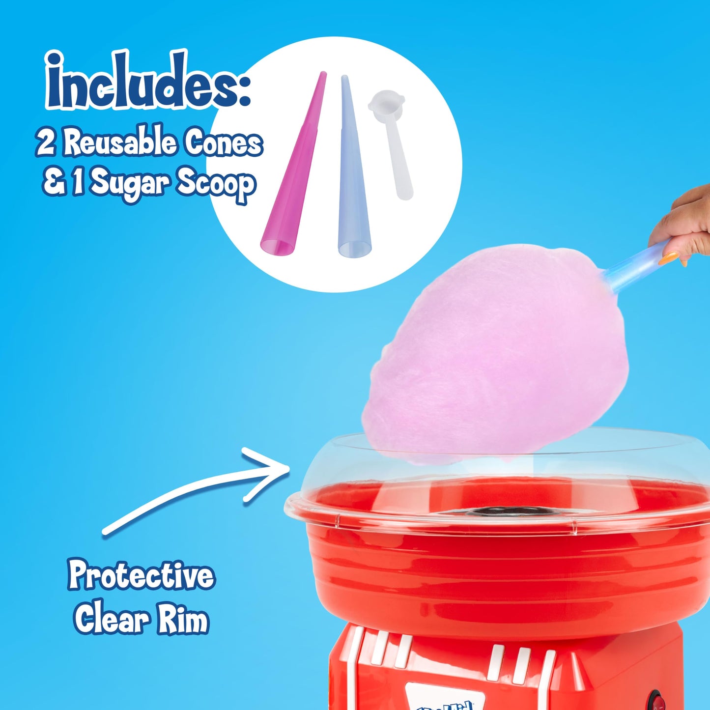 Nostalgia Vintage Hard and Sugar Free Candy Countertop Cotton Candy Maker, Includes 2 Reusable Cones And Sugar Scoop – Pink