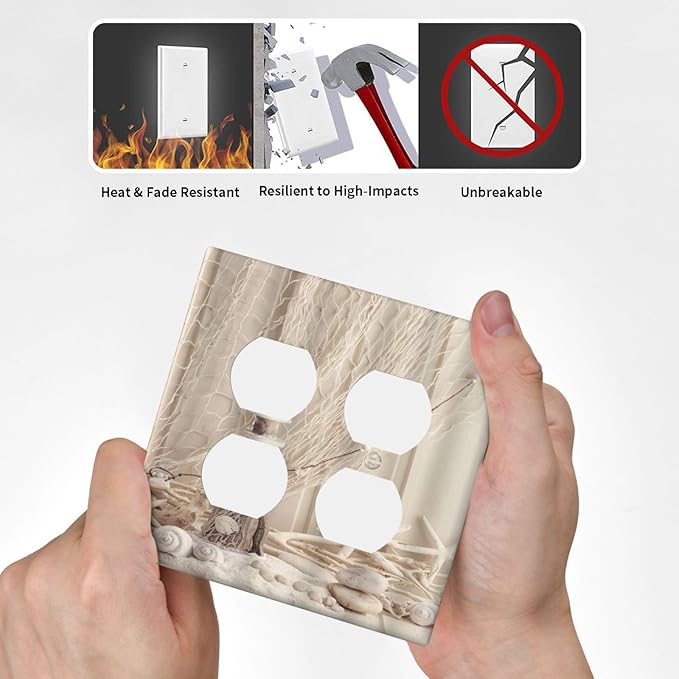 Decorative Light Switch Cover Plate Nautical Coastal Seashell Fishing Net Ocean Lighthouse Starfish 2 Gang Socket Covers Double Duplex Wallplates Switch Plates and Outlet Covers for Bathroom Home