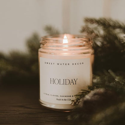 Sweet Water Decor Holiday Candle | Cloves, Pine, and Sandalwood Festive Christmas Winter Scented Soy Candles for Home | 9oz Clear Jar, 40 Hour Burn Time, Made in The USA
