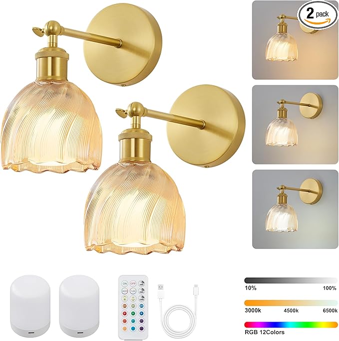 Vintage Battery Powered Cordless Wall Sconce Set of 2, Battery Wall Sconce with Amber Tulip Glass Lampshade, Rechargeable Battery Powered Wall Lights with Remote Control for Bedside Bedroom Doorway