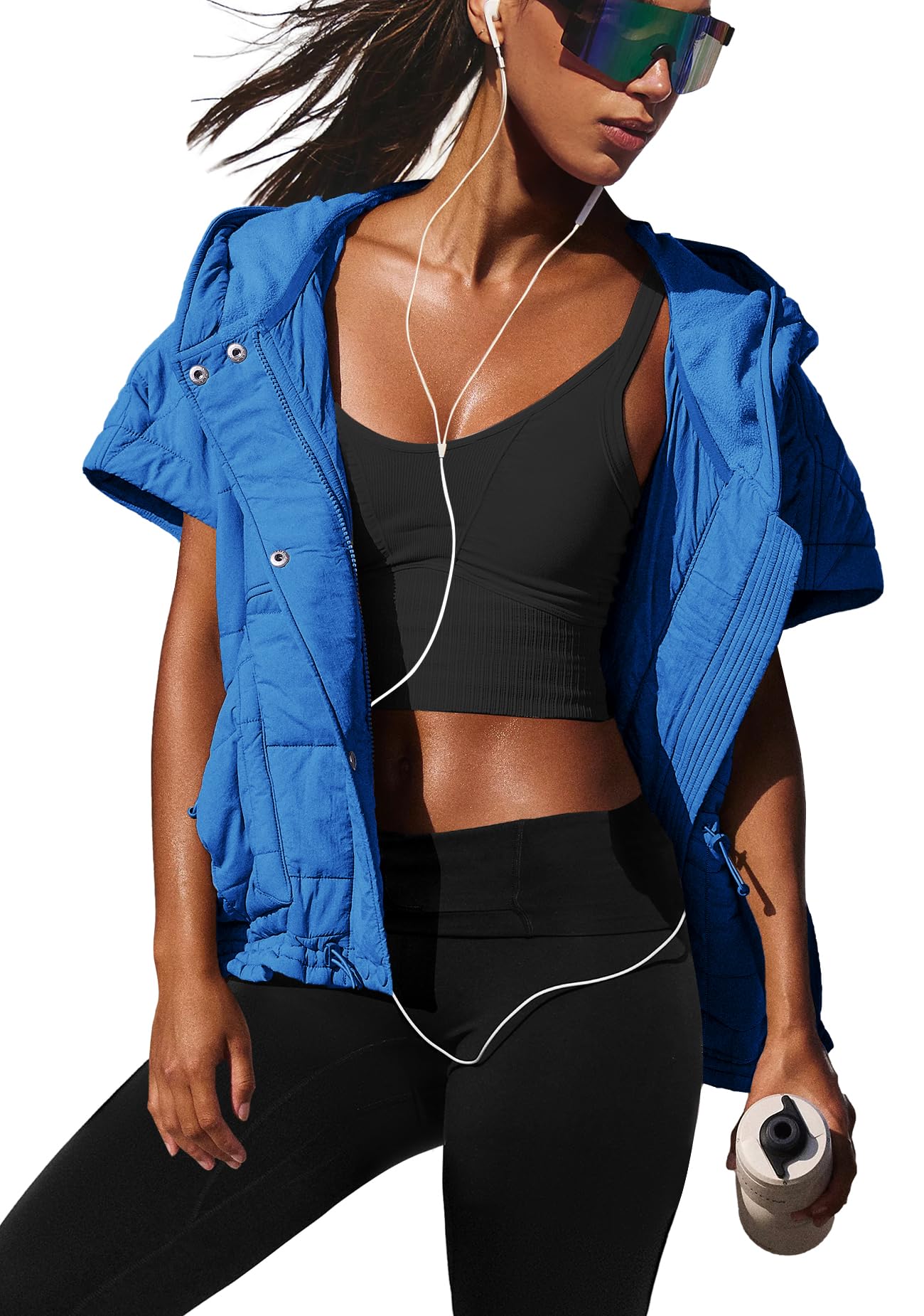 SENSERISE Womens Oversized Puffer Vest Sleeveless Quilted Jacket Zip Up Hooded Puffy Vest Ponchos Coats with Pockets(Lake Blue,L)