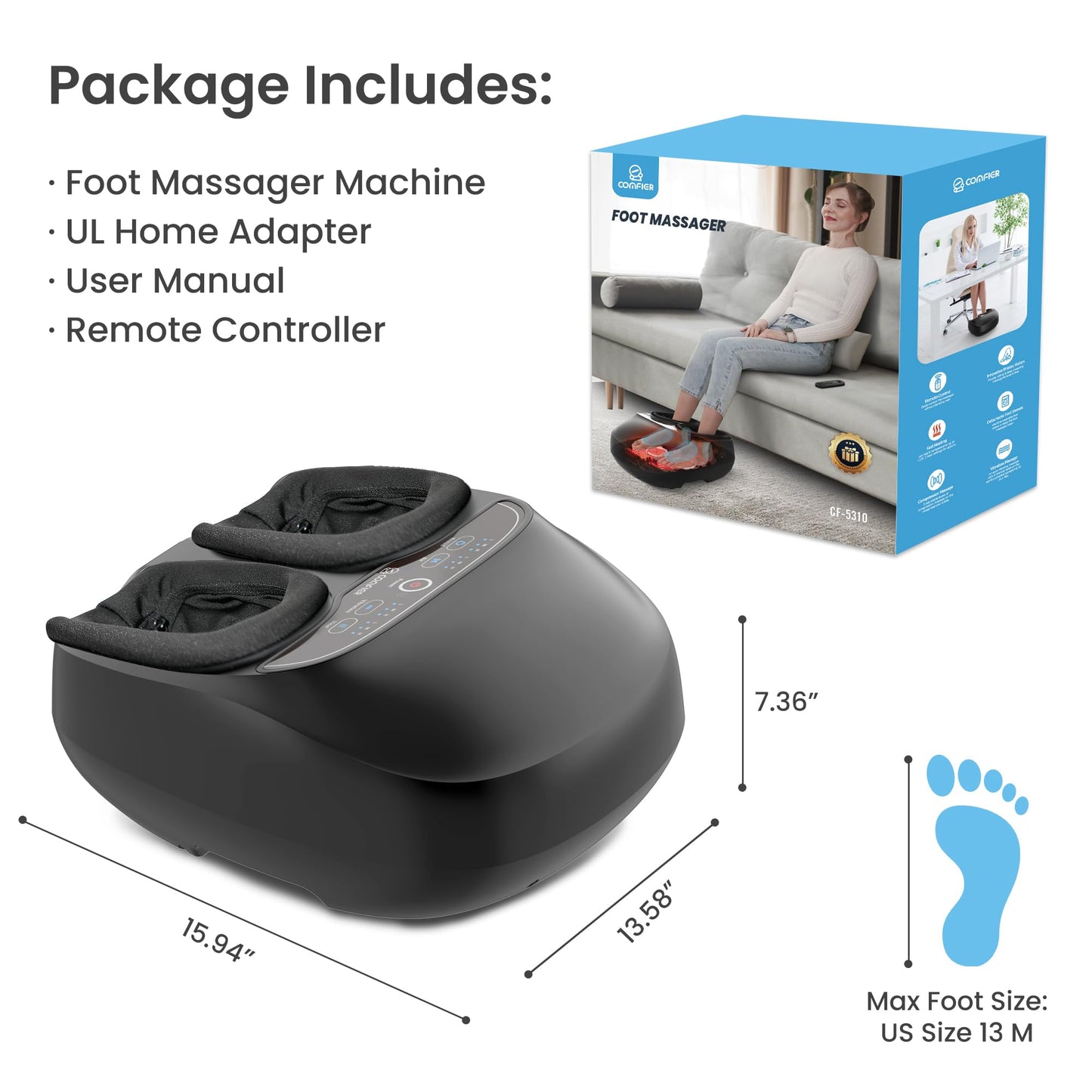 COMFIER Foot Massager with Heat,Kneading,Vibration,Compression,Pause Function,Shiatsu feet Massager for Plantar Fasciitis Neuropathy, Gifts for Him/Her,Remote Control,Size 13