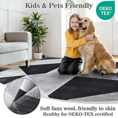Yinhua Modern Geometric Area Rugs 9x12 Living Room Grey Washable Rugs Non Slip Low Pile, Large Soft Bedroom Rug Non Shedding, Modern Simplicity Carpet for Home Office, Dining Room, Grey Black