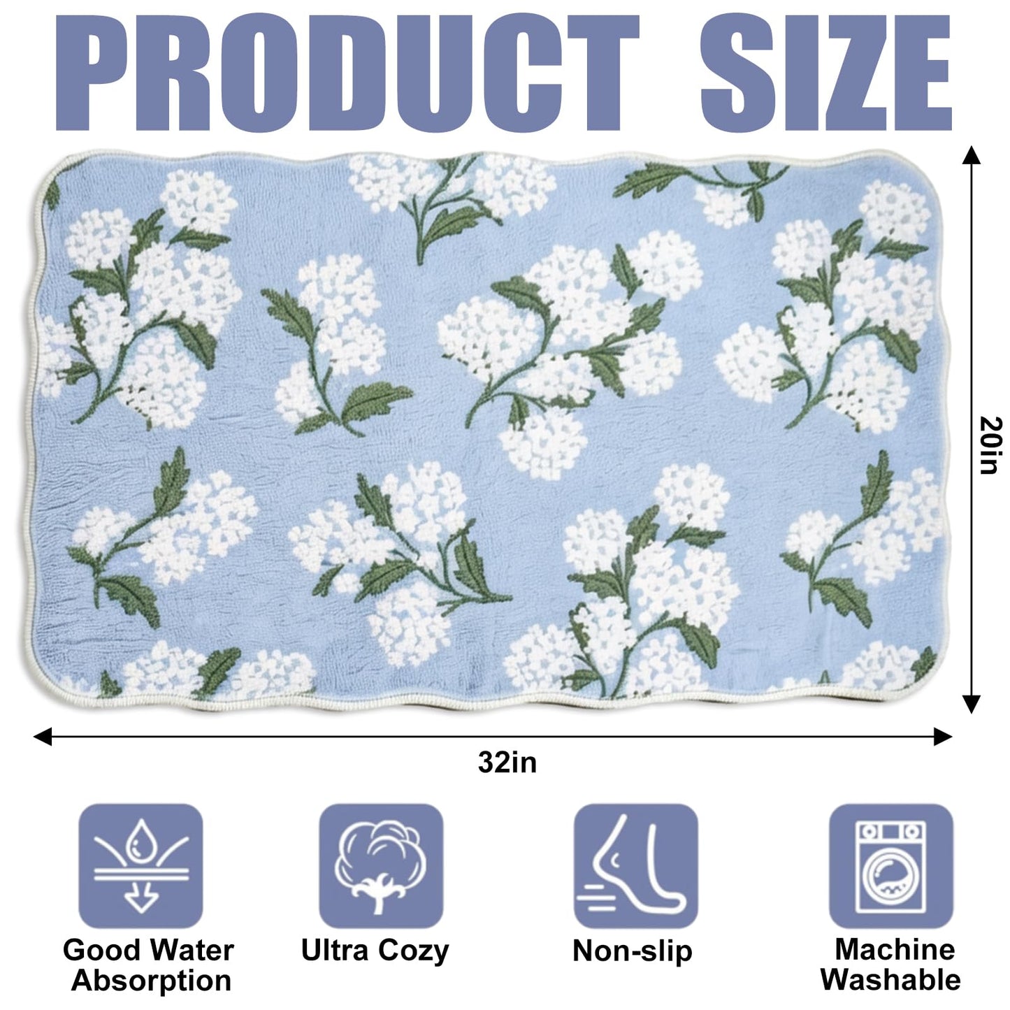 Whaline Hydrangea Rug Mat 32 x 20 Inch Blue Floral Scalloped Absorbent Bathmat Spring Flower Bathroom Rug for Home Bedroom Sink Shower Bathtub Decor